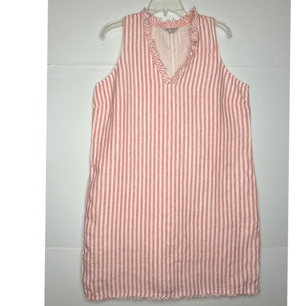 Midi Cabana Linen Shift Dress L Stripe Fringe Sleeveless Coastal Cruise Resort - Picture 7 of 11